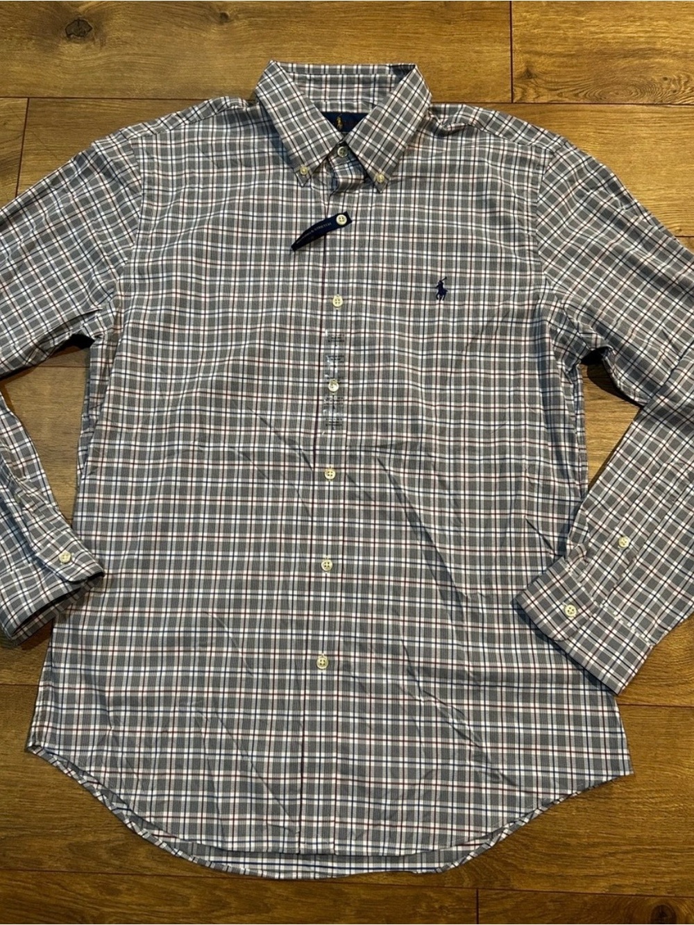 Ralph Lauren Gray and Blue Plaid slim fit performance button-down shirt large